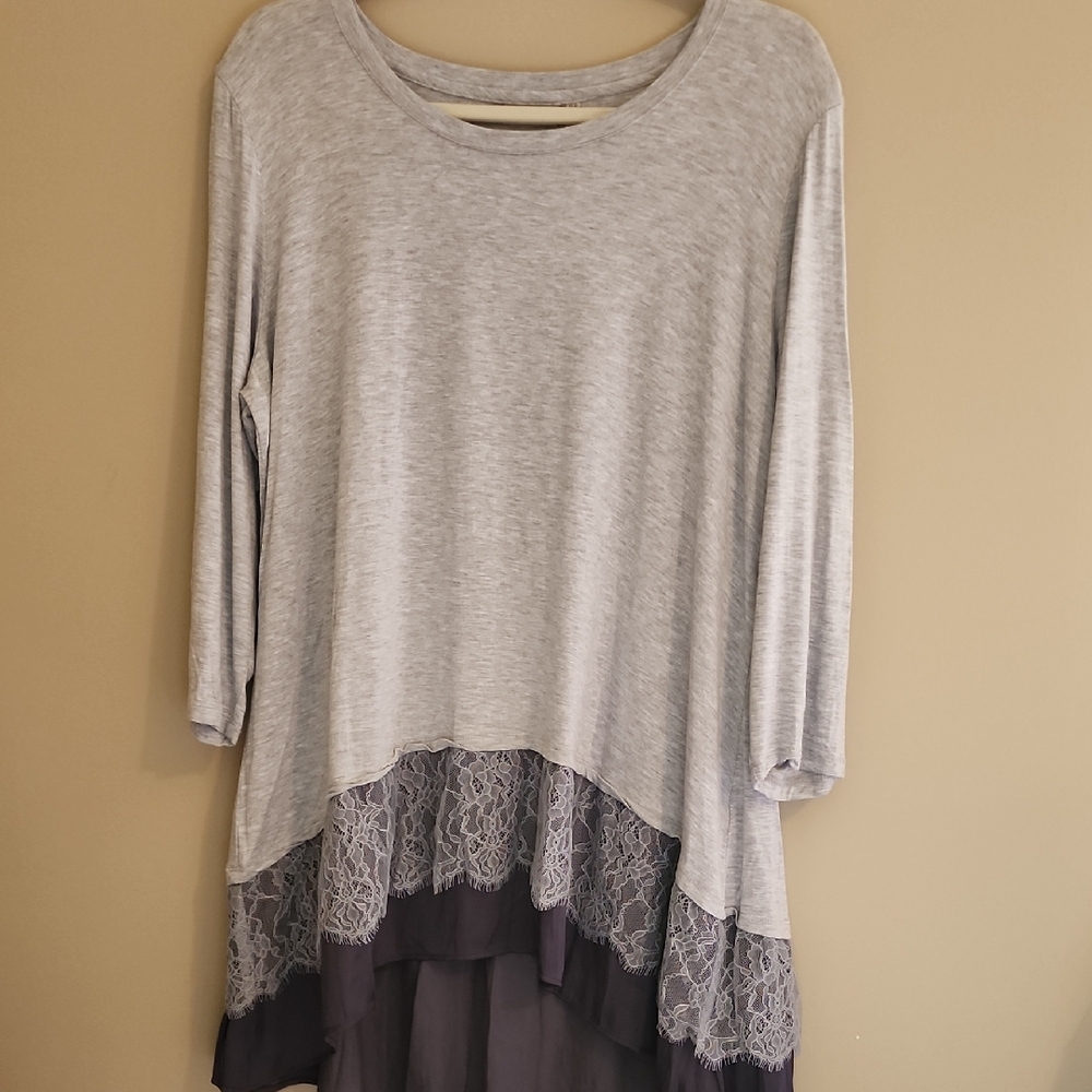 LOGO by Lori Goldstein Light Gray Tunic with Lace Hem